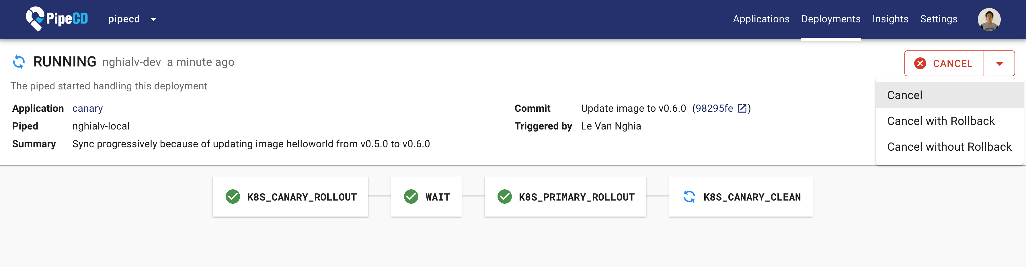 A screenshot demonstrating how to cancel a deployment