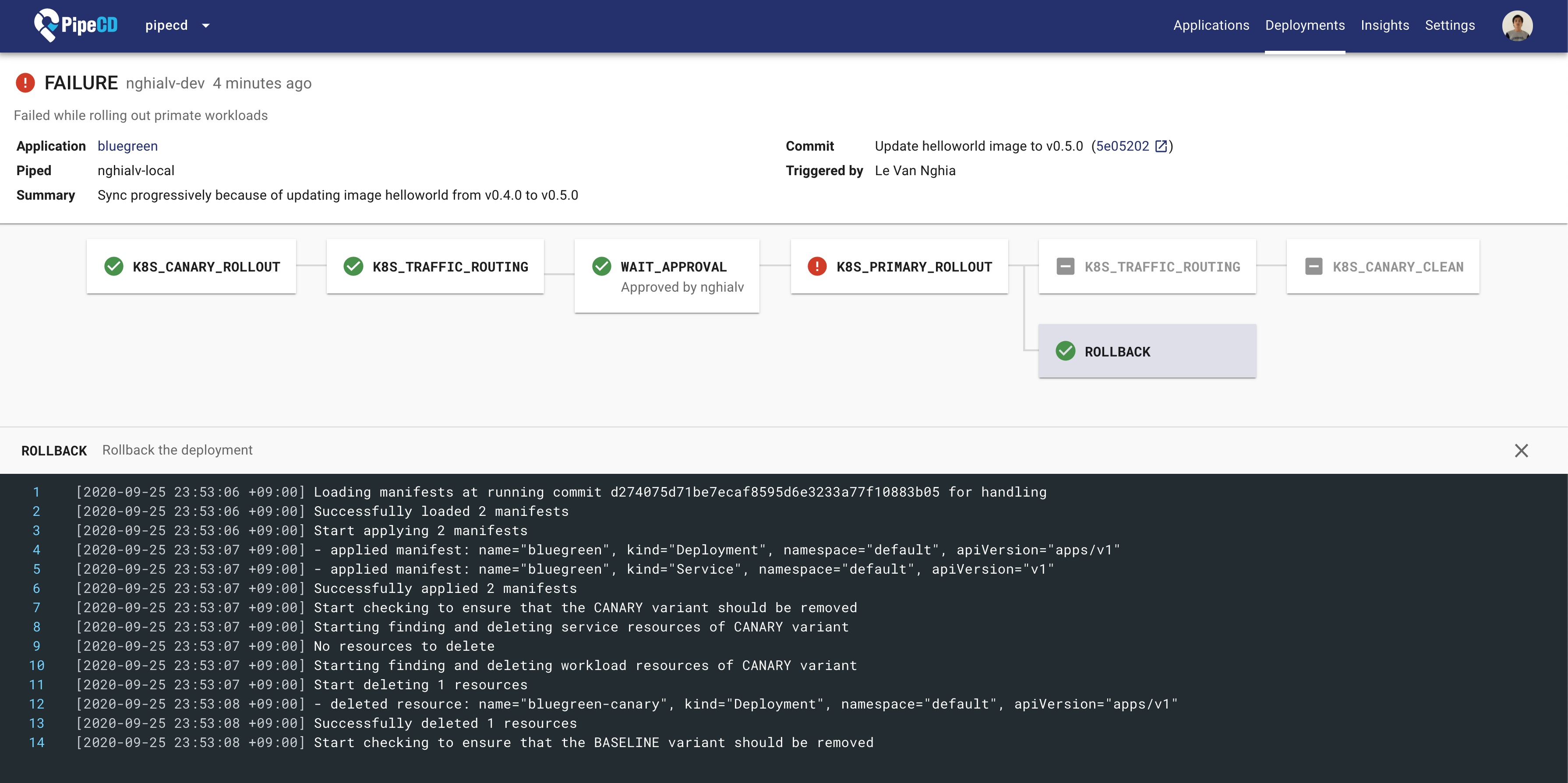 Screenshot of rolling back a deployment