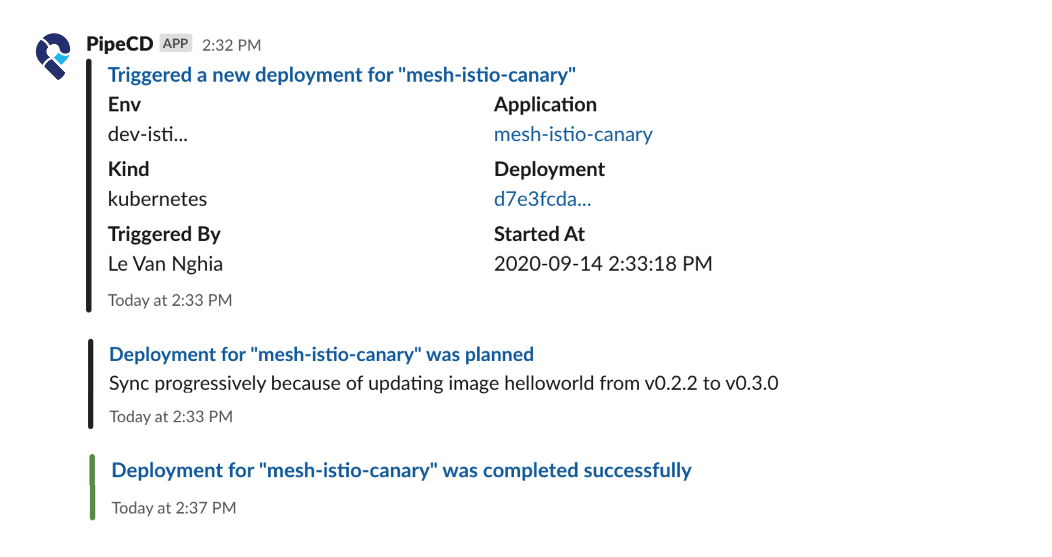 A slack notification of a successful deployment